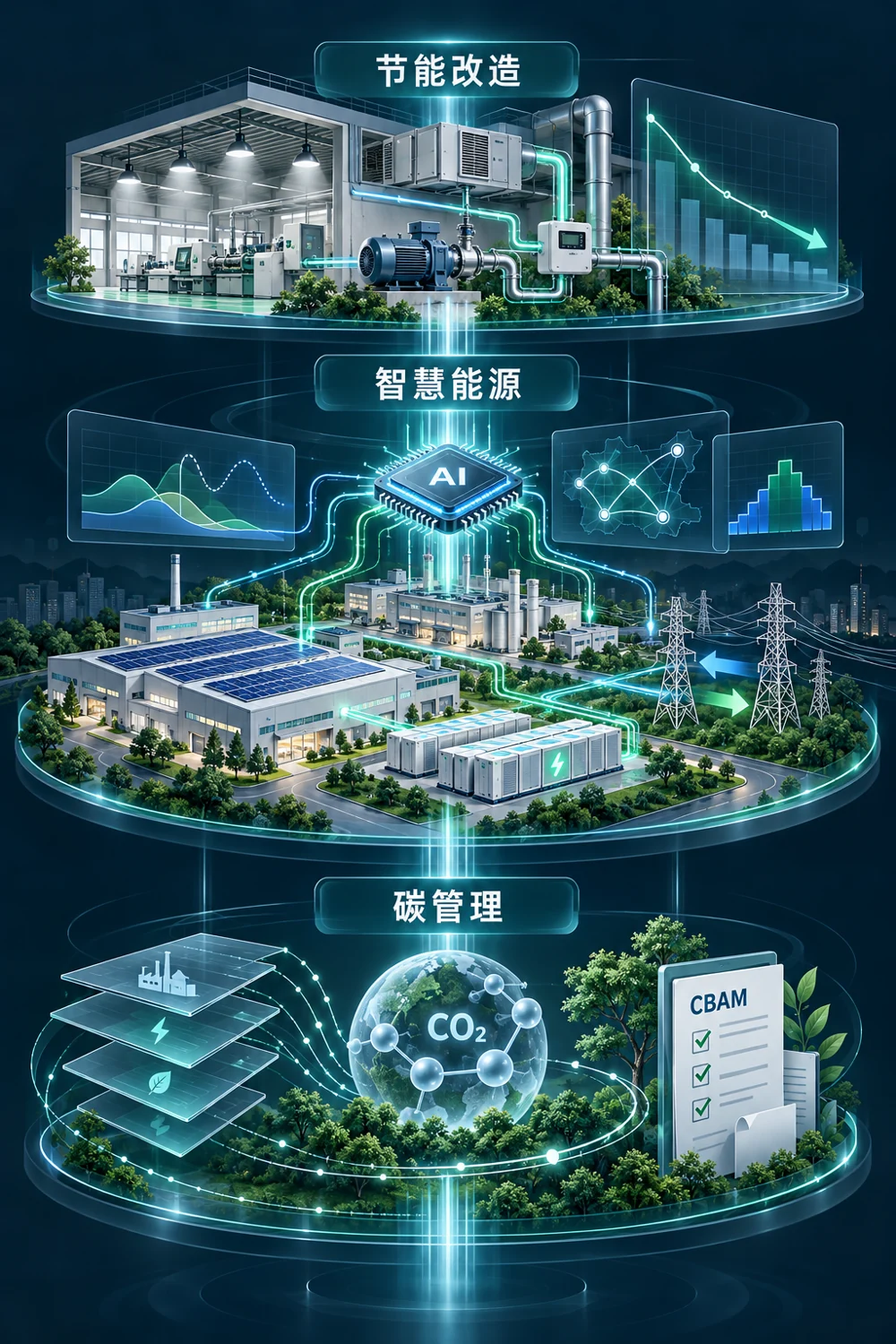 节能改造、AI智慧能源与能碳管理、CBAM及碳管理业务示意